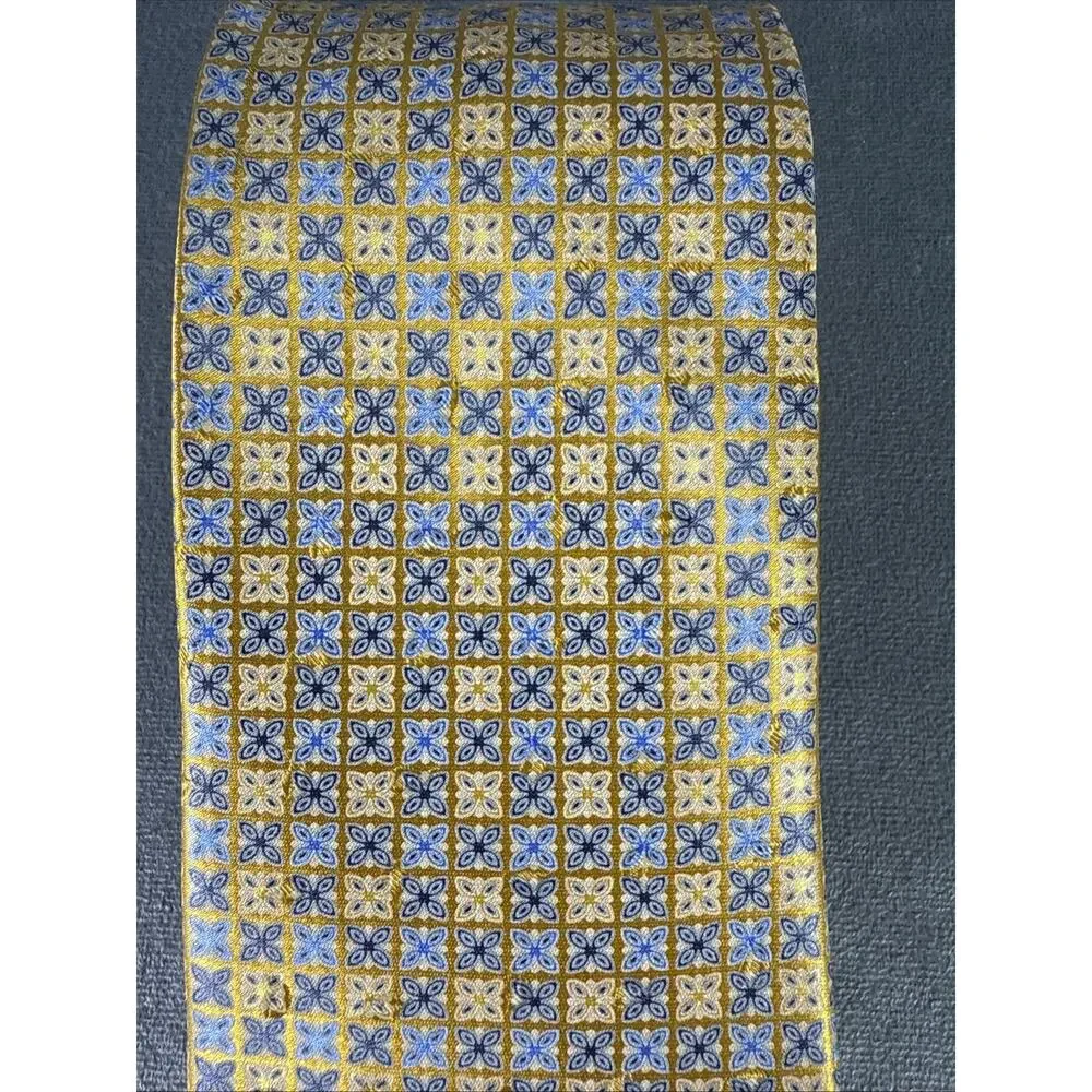 Ermenegildo Zegna Gold Blue Floral‎ Design Mens Silk Necktie 3.5